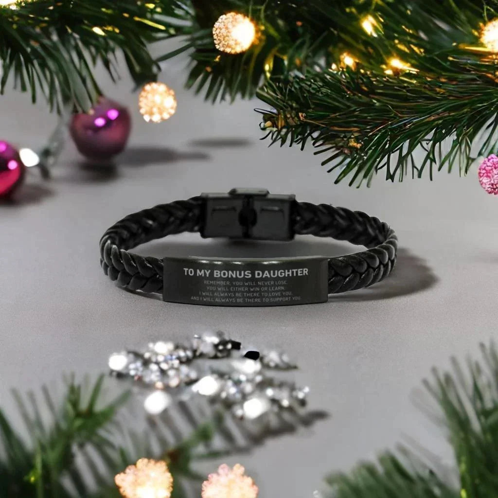 Bonus Daughter Gifts, To My Bonus Daughter Remember, you will never lose. You will either WIN or LEARN, Keepsake Braided Leather Bracelet For Bonus Daughter Engraved, Birthday Christmas Gifts Ideas For Bonus Daughter X-mas Gifts