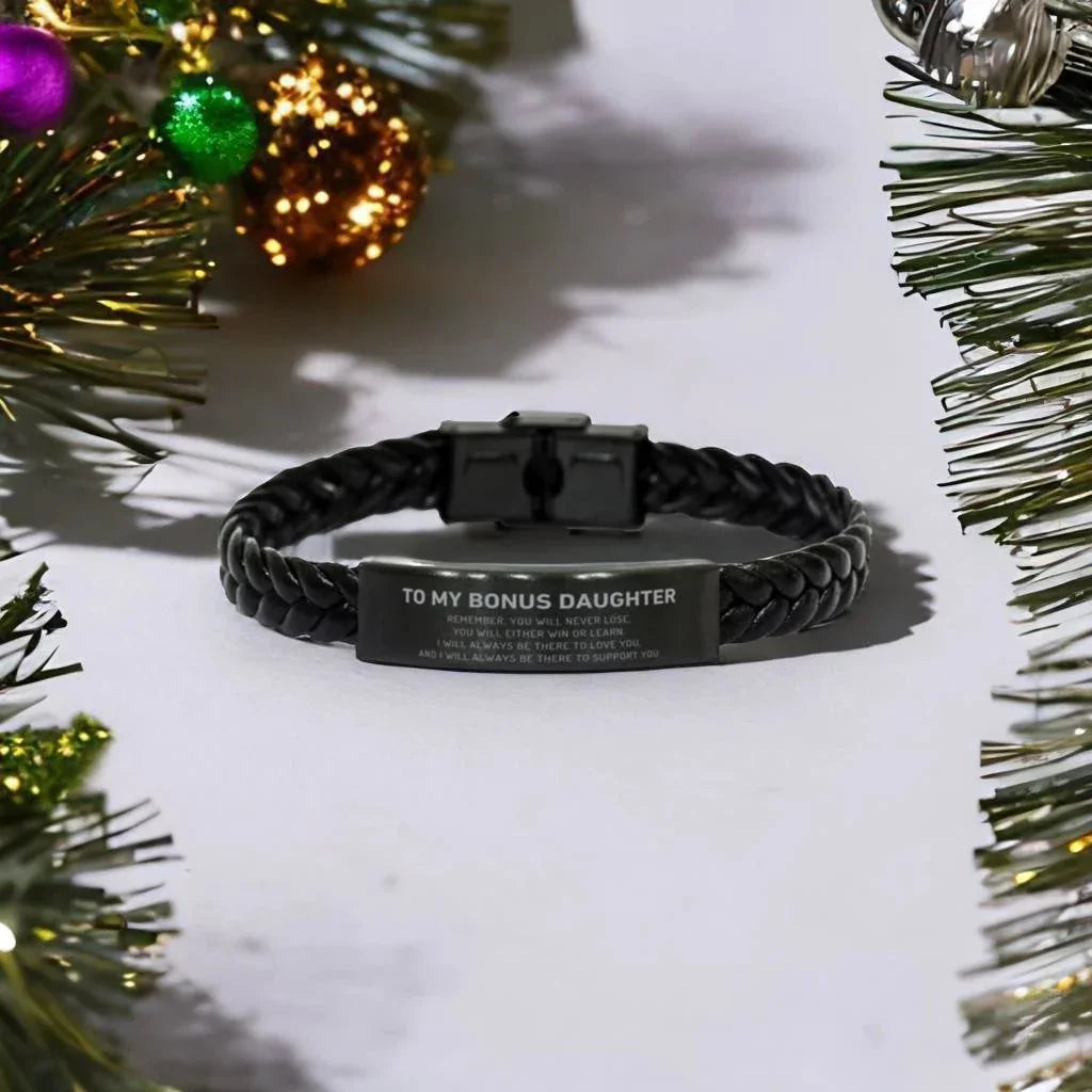 Bonus Daughter Gifts, To My Bonus Daughter Remember, you will never lose. You will either WIN or LEARN, Keepsake Braided Leather Bracelet For Bonus Daughter Engraved, Birthday Christmas Gifts Ideas For Bonus Daughter X-mas Gifts