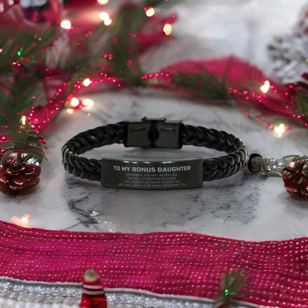 Bonus Daughter Gifts, To My Bonus Daughter Remember, you will never lose. You will either WIN or LEARN, Keepsake Braided Leather Bracelet For Bonus Daughter Engraved, Birthday Christmas Gifts Ideas For Bonus Daughter X-mas Gifts