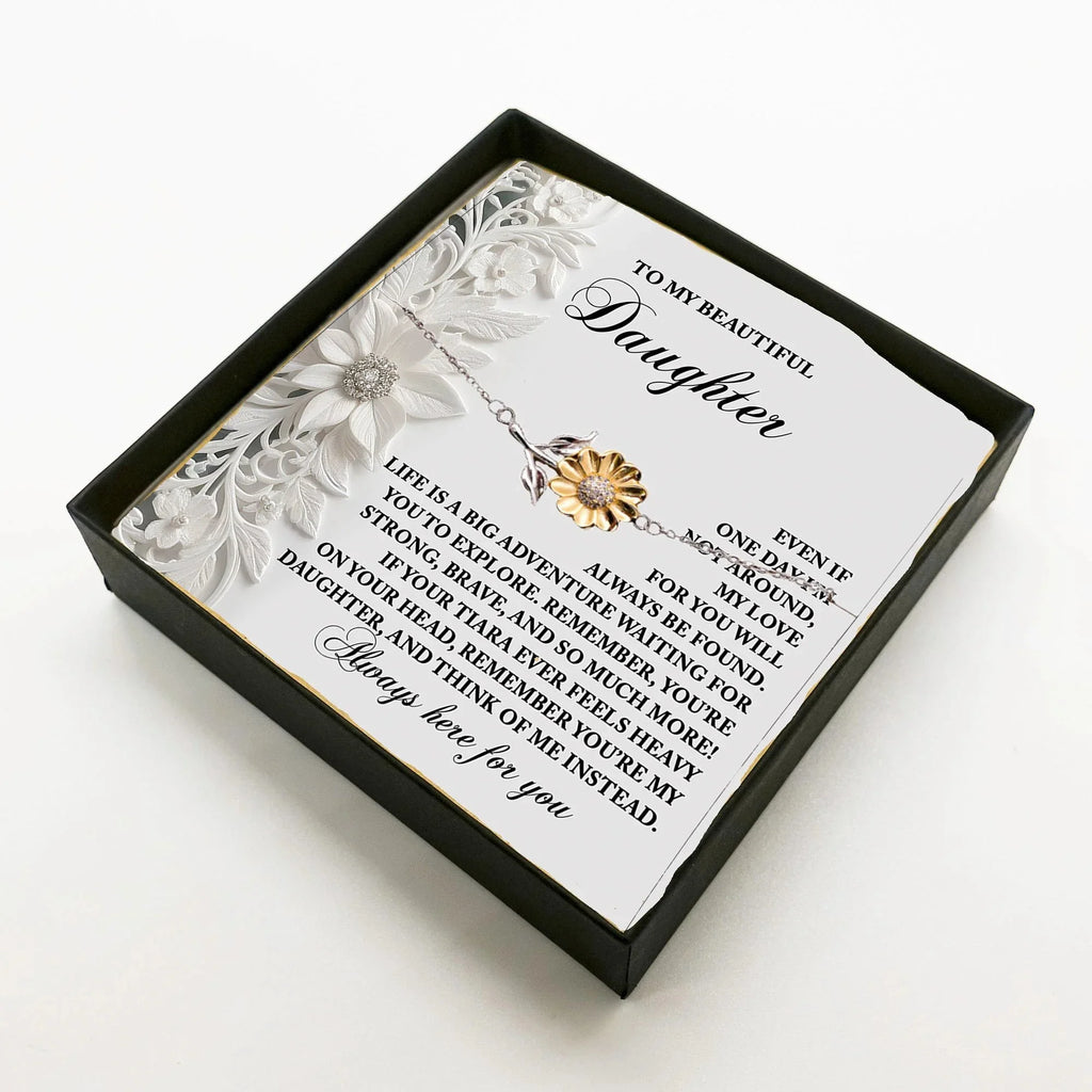 Daughter Sunflower Bracelet Sterling Silver with 18K Gold-Plated Petals – Sentimental Birthday Graduation Christmas Jewelry Gift from Parent – Life is a Big Adventure - Heartfelt Message Card