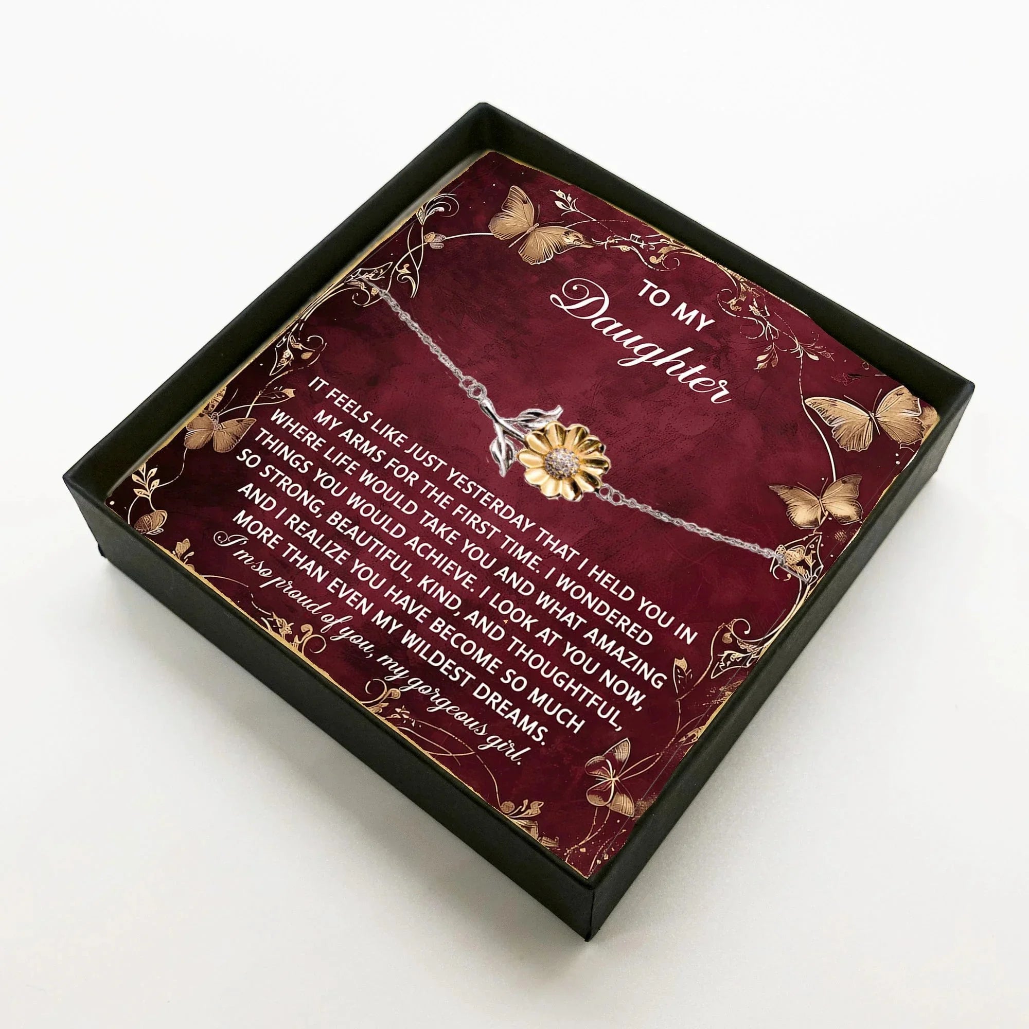 Daughter Sunflower Bracelet – Sterling Silver with 18K Gold-Plated Petals – Sentimental Birthday Graduation Christmas Jewelry Keepsake Gift from Parent with Heartfelt Message Card