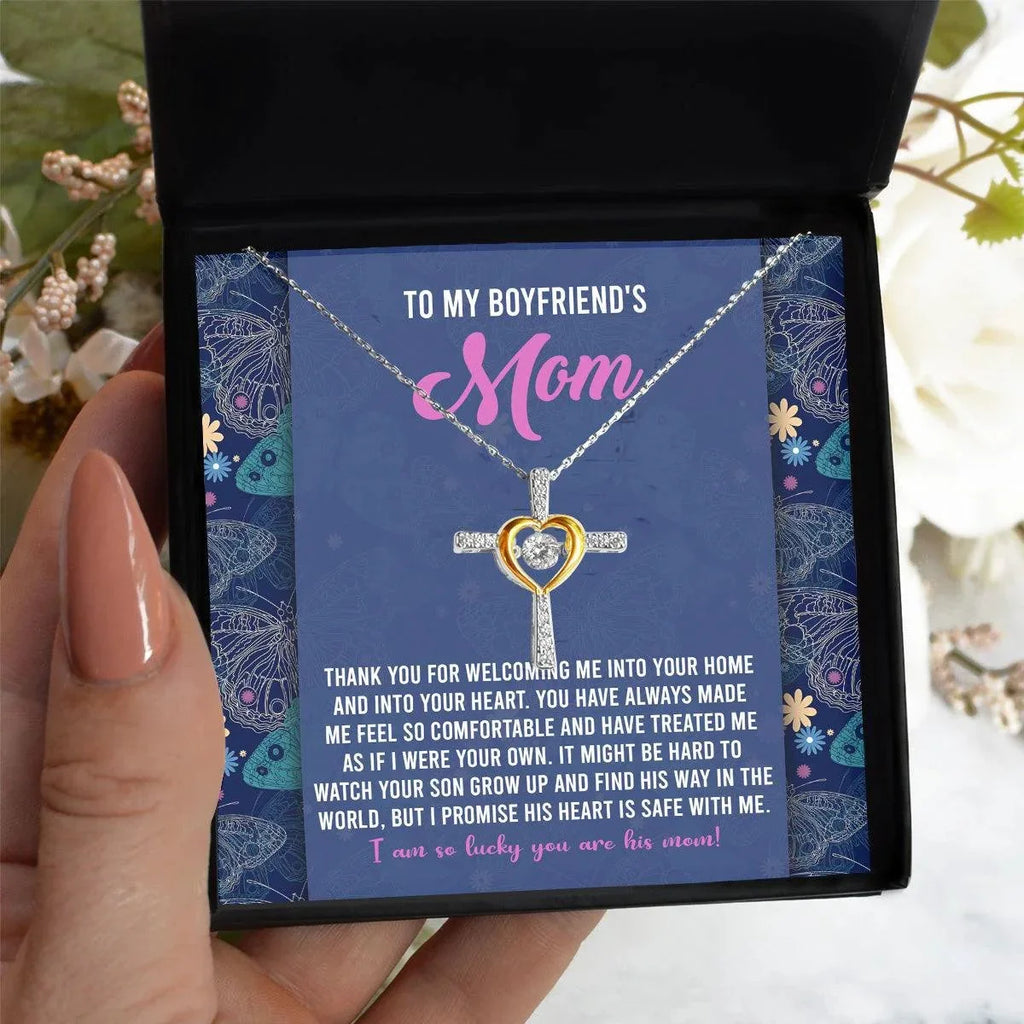 Boyfriend's Mom Cross Necklace with Heartfelt Message Card I Promise He is Safe with Me