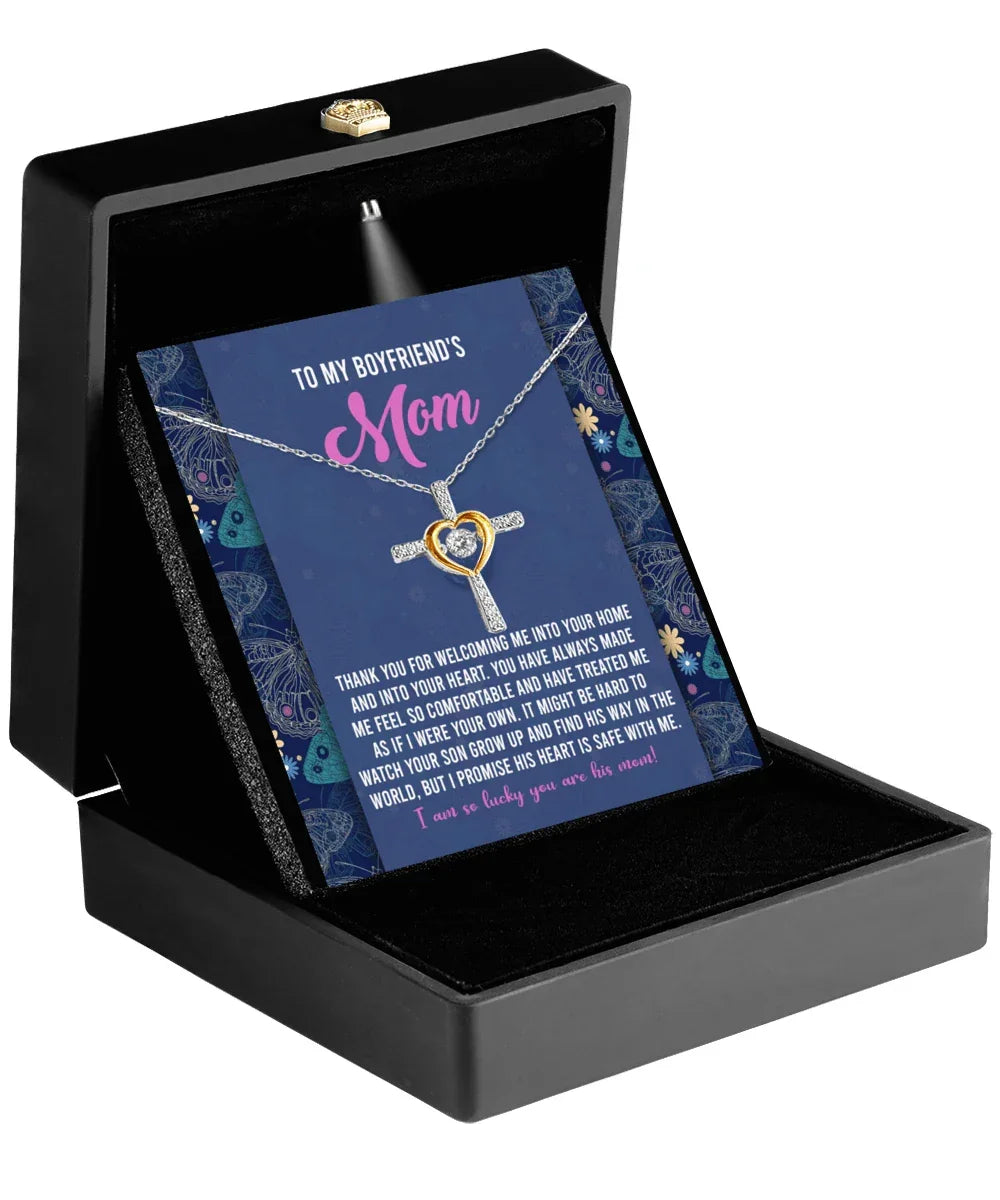 Boyfriend's Mom Cross Necklace with Heartfelt Message Card I Promise He is Safe with Me