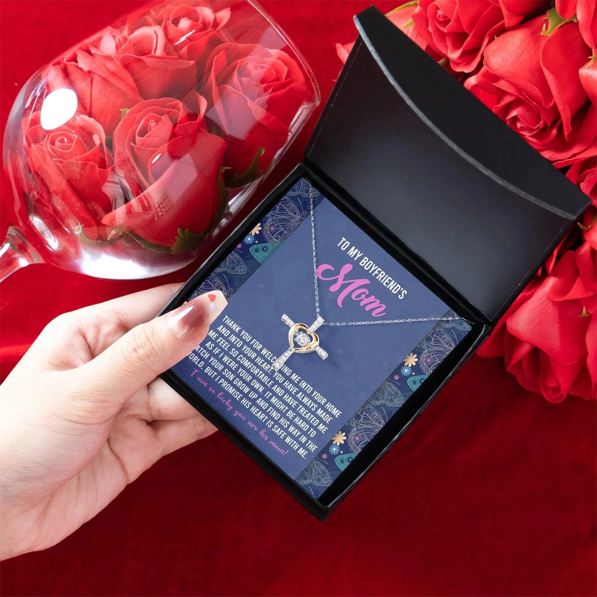 Boyfriend's Mom Cross Necklace with Heartfelt Message Card I Promise He is Safe with Me