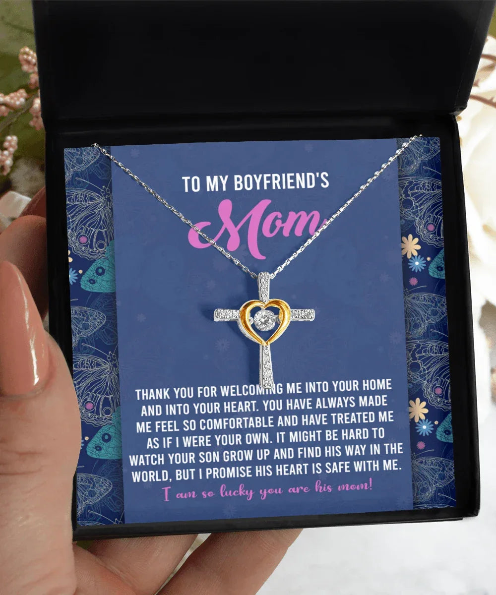 Boyfriend's Mom Cross Necklace with Heartfelt Message Card I Promise He is Safe with Me