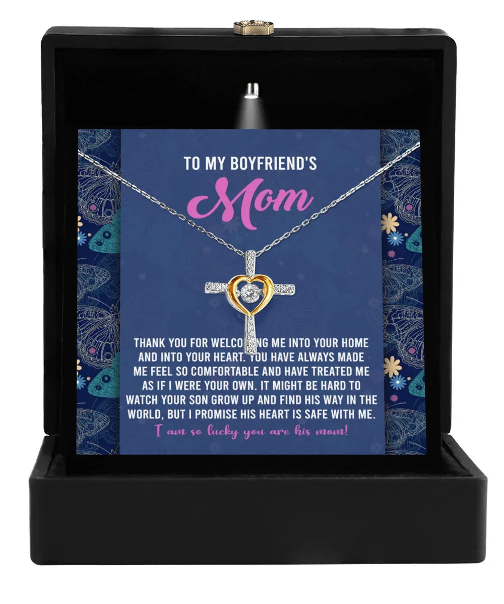 Boyfriend's Mom Cross Necklace with Heartfelt Message Card I Promise He is Safe with Me