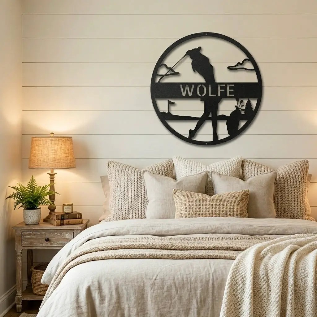 Custom Female Golfer Metal Sign – Personalized Name Wall Art – Round Golf Scene – Laser Cut Steel