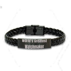 Bold Watchmaker Leather Bracelet Engraved Steel Keepsake