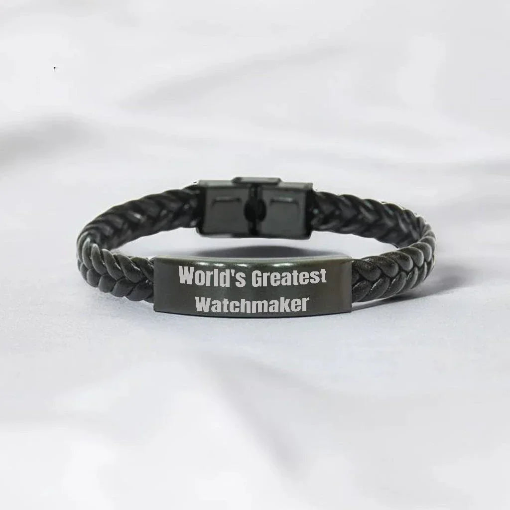 Bold Watchmaker Leather Bracelet Engraved Steel Keepsake