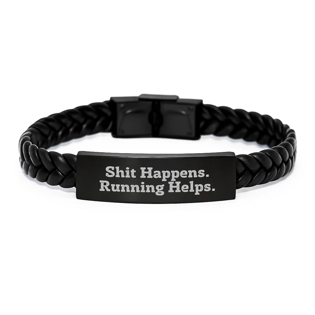 Funny Running Inspirational Gifts for Running Men from Dad - Interlaced Leather Bracelet, Shit Happens. Running Helps. - Image 1