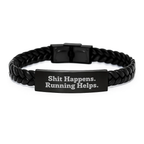 Funny Running Inspirational Gifts for Running Men from Dad - Interlaced Leather Bracelet, Shit Happens. Running Helps. - Image 1