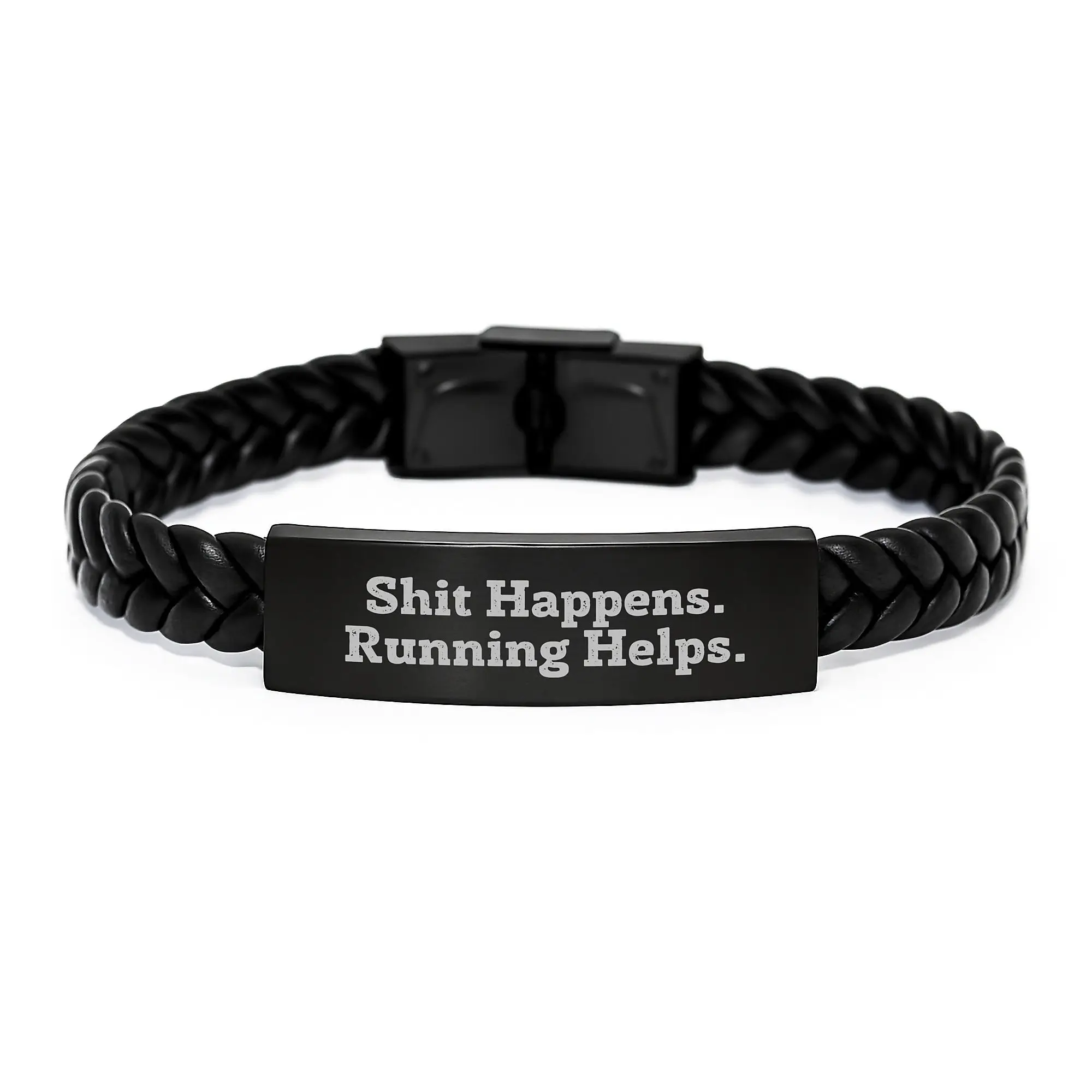 Funny Running Inspirational Gifts for Running Men from Dad - Interlaced Leather Bracelet, Shit Happens. Running Helps. - Image 1