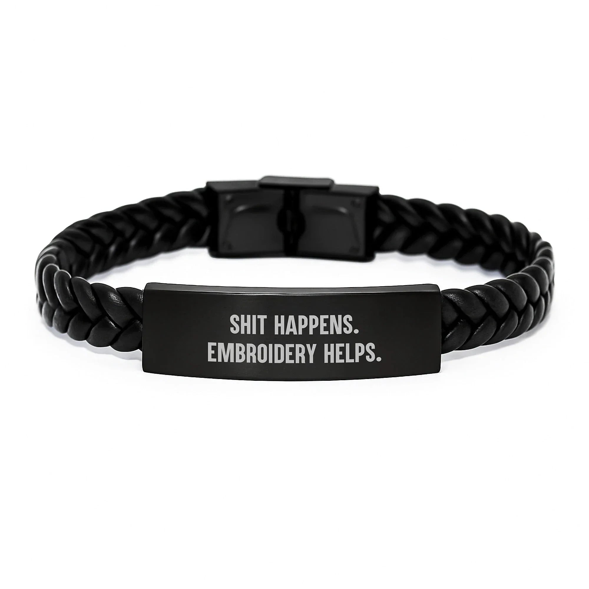 Funny Embroidery Quote Interlaced Leather Braclet, Gifts for Men, Women, Friends, Coworkers, Family - Shit Happens. Embroidery Helps. for Graduation