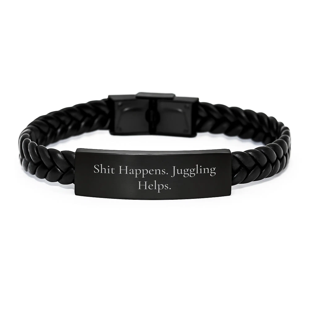 Funny Juggling Gifts for Men Women Friends Family Birthday Unique Interlaced Leather Bracelets with 'Shit Happens. Juggling Helps.' Engraved Stainless Steel - Gifts from Men Women Friends Family - Image 1