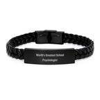 Funny Inspirational Gifts from Men to School Psychologist - Interlaced Leather Bracelet World's Greatest, Birthday Unique Gifts for Coworkers, Friends - Image 1