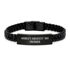 Funny 'World's Greatest Tax Preparer' Interlaced Leather Bracelet Gifts for Tax Preparer Friends from Coworkers, Best Unique Graduation Gifts for Men, Women, Family - Stainless Steel and PU Leather - Image 1