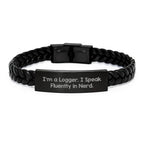 Funny Logger Gifts from Men, Christmas Unique Gifts for Logger, Interlaced Leather Bracelet with Stainless Steel and PU Leather