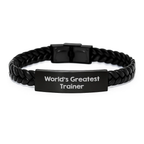 Funny Trainer Gifts for Men, 'World's Greatest Trainer' Interlaced Leather Bracelet, Birthday Unique Gifts from Friends - Image 1