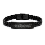 Funny Aircraft Mechanic Gift for Men, 'Aircraft Mechanic By Day. Ninja By Night.' Interlaced Leather Bracelet for Him, Christmas Unique Gifts from Friends to Family