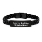 Funny Lawyer Gifts for Men, Graduation Unique Gifts from Family, 'Lawyer By Day. Ninja By Night.' Interlaced Leather Bracelet - Image 1