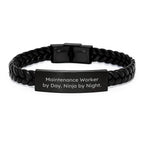 Maintenance Worker by Day, Ninja By Night. Funny Interlaced Leather Bracelet Gifts from Men to Maintenance Worker