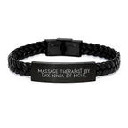 Massage Therapist Gifts from Friends, Funny 'Massage Therapist By Day. Ninja By Night.' Interlaced Leather Bracelet for Men, Women, Coworkers, Family Graduation Unique - Image 1