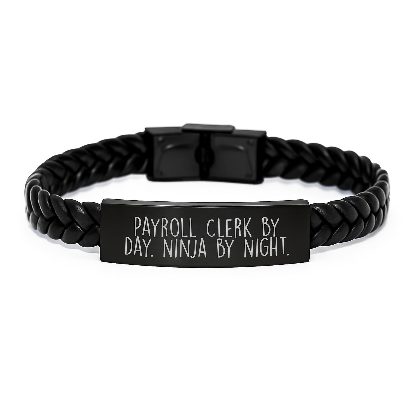 Payroll Clerk Gift Ideas Men Christmas Unique Interlaced Leather Bracelet, 'Payroll Clerk By Day. Ninja By Night.' Funny Quote Leather Cuff for Men - Image 1
