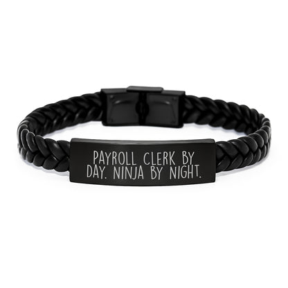 Payroll Clerk Gift Ideas Men Christmas Unique Interlaced Leather Bracelet, 'Payroll Clerk By Day. Ninja By Night.' Funny Quote Leather Cuff for Men - Image 1