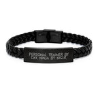 Personal Trainer Christmas Unique Gift Unique Leather Bracelet, 'Personal Trainer By Day. Ninja By Night.' Stylish Stainless Steel Interlaced Leather Bracelet, Men's Personal Trainer Gift