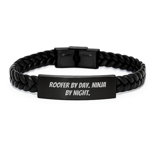 Roofer Gifts, Interlaced Leather Bracelet, 'Roofer By Day. Ninja By Night.' Funny Quote for Men, Unique Graduation Gifts from Friends to Family - Image 1