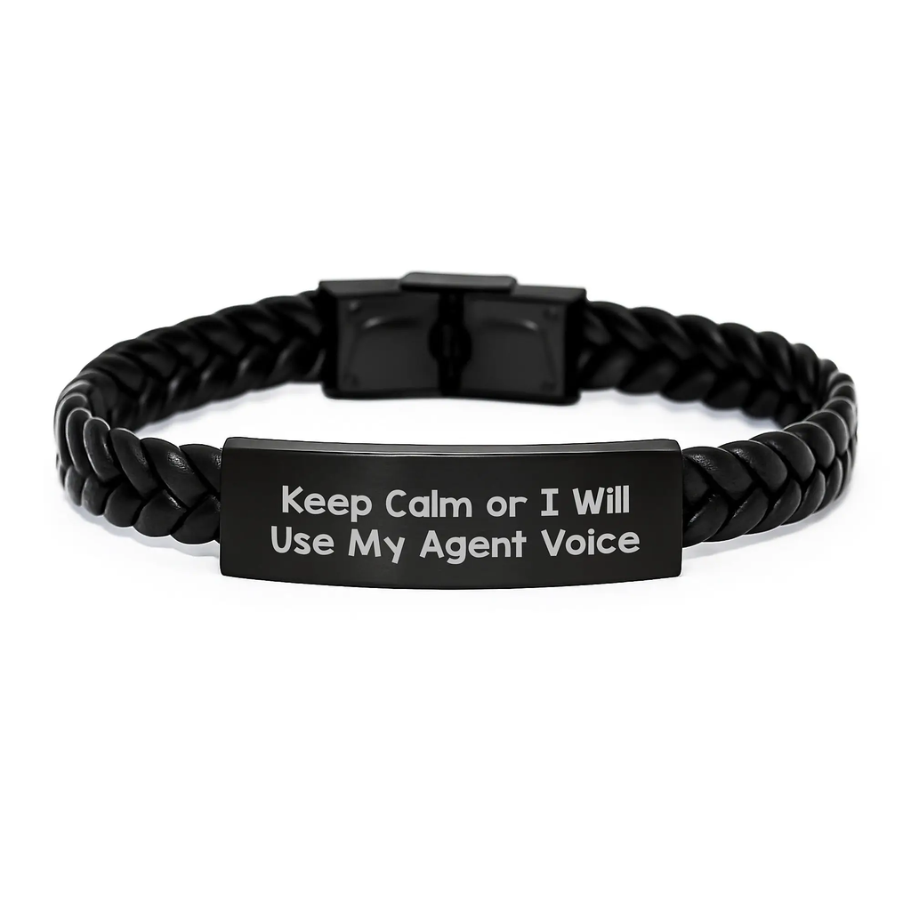 Funny Agent Gifts for Men, Interlaced Leather Bracelet, 'Keep Calm Or I Will Use My Agent Voice', Unique Graduation Gifts from Family - Image 1