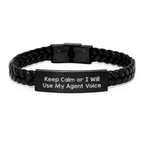 Funny Agent Gifts for Men, Interlaced Leather Bracelet, 'Keep Calm Or I Will Use My Agent Voice', Unique Graduation Gifts from Family - Image 1