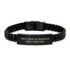 Funny Clerk Gifts, Interlaced Leather Bracelet for Valentine's Unique Gifts from Friends, 'This Is What An Awesome Clerk Looks Like' Funny Inspirational Clerk Quote
