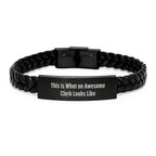 Gifts from Family, Friends, or Coworkers for an Awesome Clerk, Clerk Christmas Unique Gifts, Interlaced Leather Bracelet with Funny Quote
