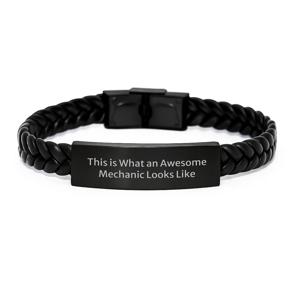 Mechanic Gifts for Men, Funny Graduation Unique Gifts, Interlaced Leather Bracelet for Mechanic with Quote - This Is What An Awesome Mechanic Looks Like - Image 1