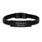 Wisconsin Gifts for Men from Friends and Family, I'd Rather Be In Wisconsin Interlaced Leather Bracelet, Graduation Unique Gifts, Men's Stainless Steel Leather Bracelet - Image 1