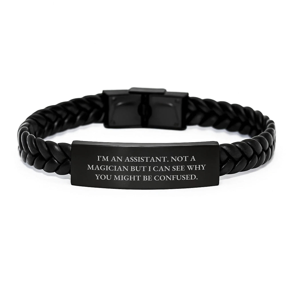 Funny Assistant Gifts for Valentine's, Interlaced Leather Bracelet for Men or Women from Friends or Coworkers, Quote: 'I'm An Assistant'