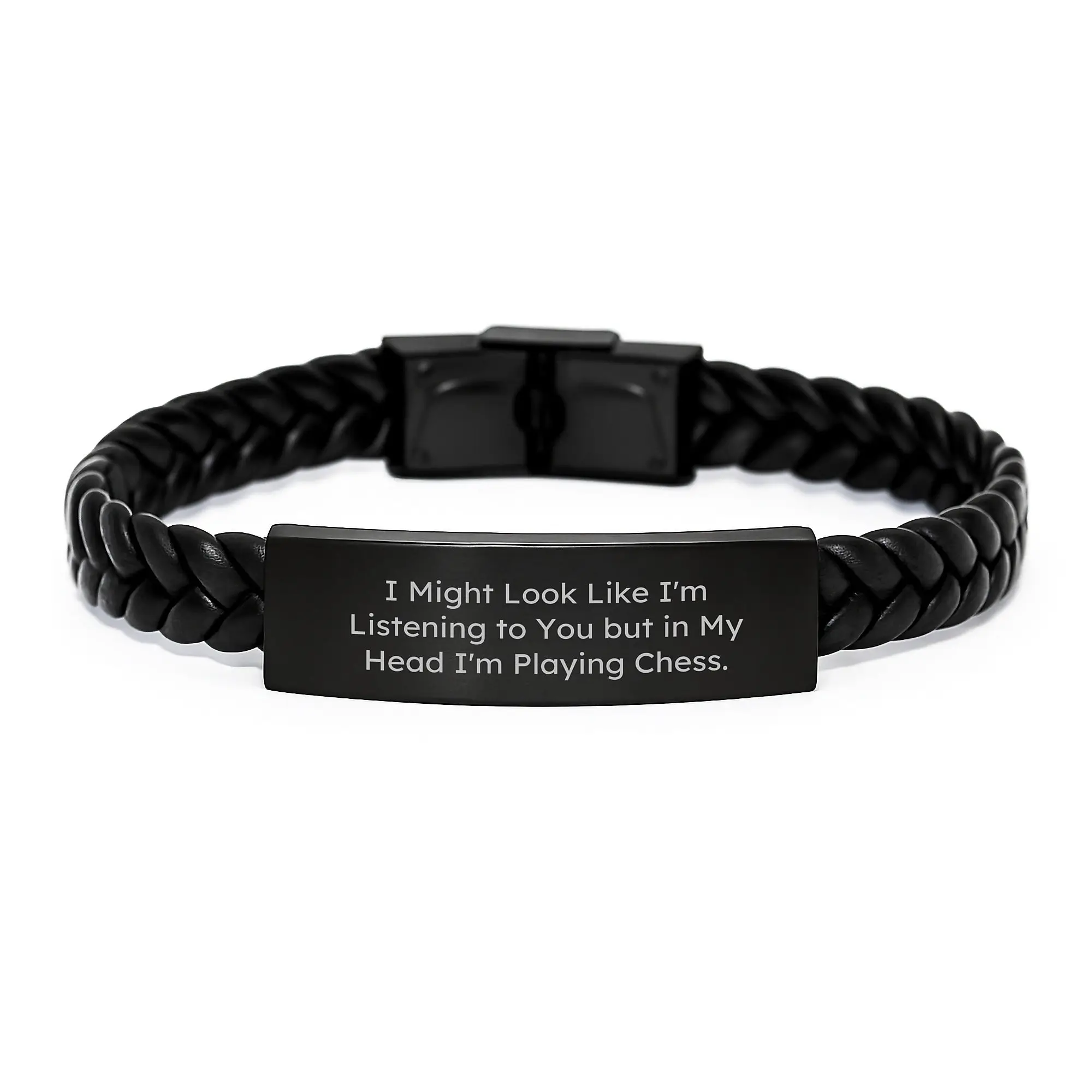 Funny Chess Gifts for Men, Birthday Unique Interlaced Leather Bracelet with Stainless Steel 'I Might Look Like I'm Listening To You But In My Head I'm Playing Chess', Gifts from Friends to Family - Image 1