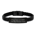 Funny Gifts from Men to Farmer Friends - Interlaced Leather Bracelet with Custom Quote - Keep Calm Or I Will Use My Farmer Voice - Image 1