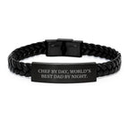 Chef Gifts: Funny Quote Interlaced Leather Bracelet, Gifts from Dad to Chef, Graduation Unique Gifts for Men, Chef By Day World's Best Dad By Night Interlaced Leather Wristband