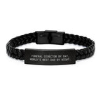 Funny Funeral Director Gifts - Interlaced Leather Bracelet for Men Gifts from Family - 'Funeral Director By Day, World's Best Dad By Night' Christmas Unique Gifts