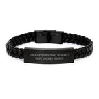 Funny Therapist Gifts, Interlaced Leather Bracelet for Men by Day, World's Best Dad by Night, Christmas Unique Accessories