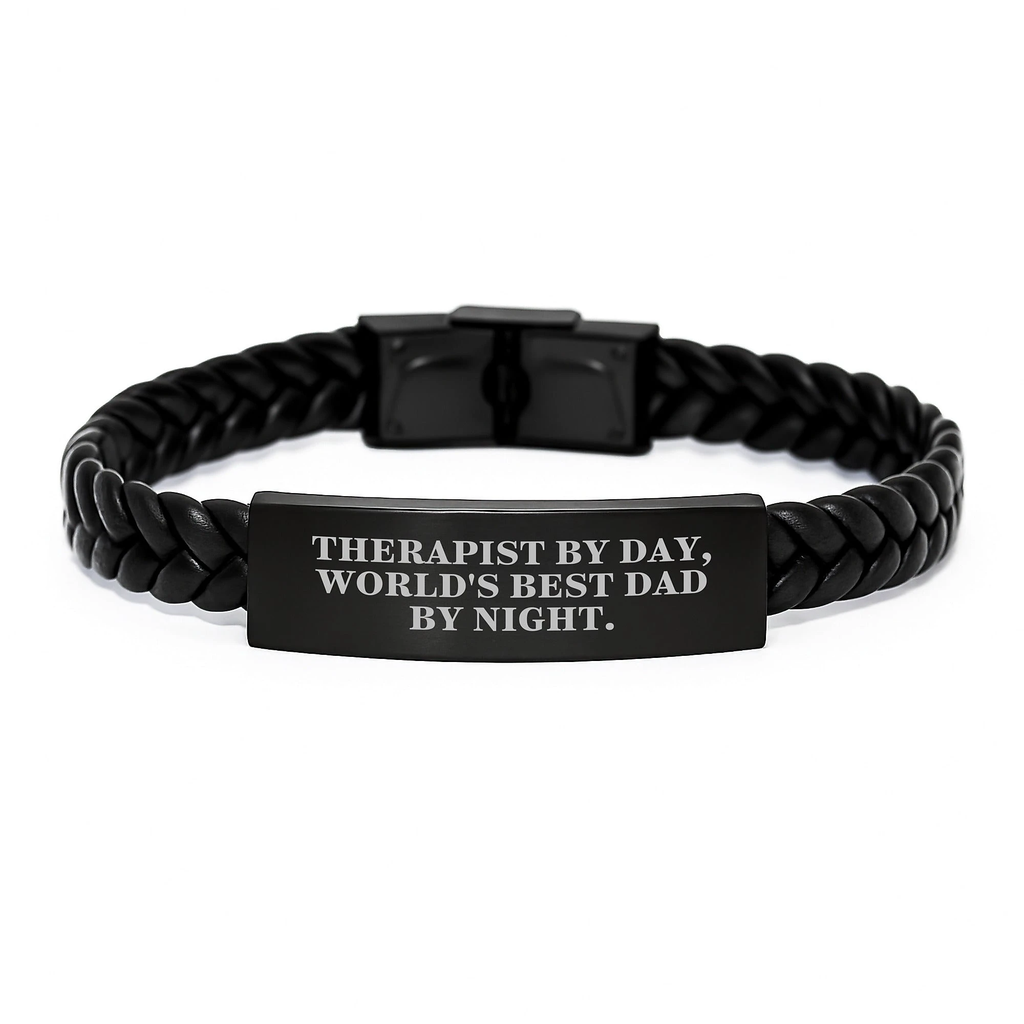 Therapist Gifts Interlaced Leather Bracelet Quote Funny Therapist By Day, World's Best Dad By Night, Christmas Unique Presents for Therapist