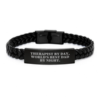 Therapist Gifts Interlaced Leather Bracelet Quote Funny Therapist By Day, World's Best Dad By Night, Christmas Unique Presents for Therapist