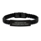 Funny Tool Maker Gift from Dad, Interlaced Leather Bracelet for Tool Maker By Day, World's Best Dad By Night.
