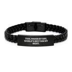 Funny Tool Maker Gifts for Husband from Dad, Interlaced Leather Bracelet, Stainless Steel and PU Leather, Tool Maker By Day, World's Best Dad By Night, Christmas Unique Gifts