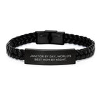 Funny Janitor Gifts from Mom, Interlaced Leather Bracelet with Engraved Stainless Steel for Janitor By Day, World's Best Mom By Night Christmas Unique Presents