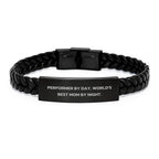 Performer Gifts from Mom - 'Performer By Day, World's Best Mom By Night.' Interlaced Leather Bracelet for Graduation Unique Gifts for Him or Her