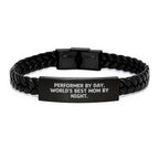 Performer Gifts by Day, Mom by Night, Interlaced Leather Graduation Wristband, Funny Quote, Unique Gifts from Mom to Performer, for Women, Friends, Family