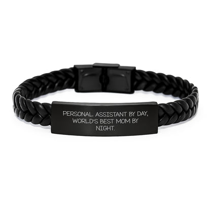 Personal Assistant Gifts from Mom, Funny Interlaced Leather Bracelet for Birthday, 'Personal Assistant By Day, World's Best Mom By Night' Quote, Gifts for Personal Assistants - Image 1